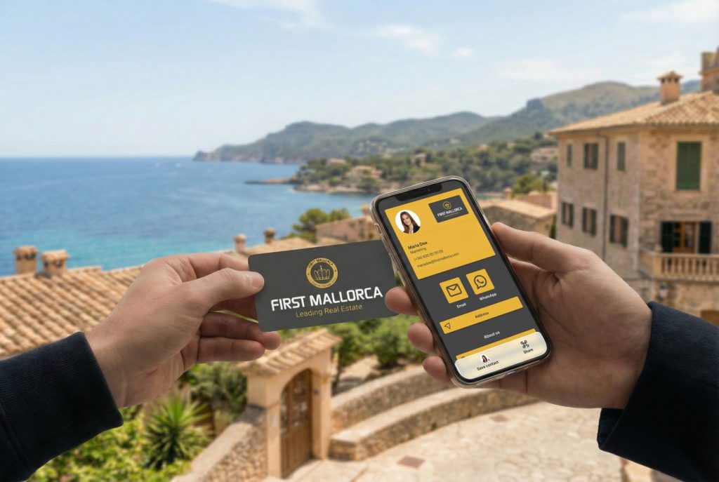 Imagem de uma mão com um cartão NFC a aproximar-se de um telemóvel, que tem um cartão de visita digital aberto no ecrã.