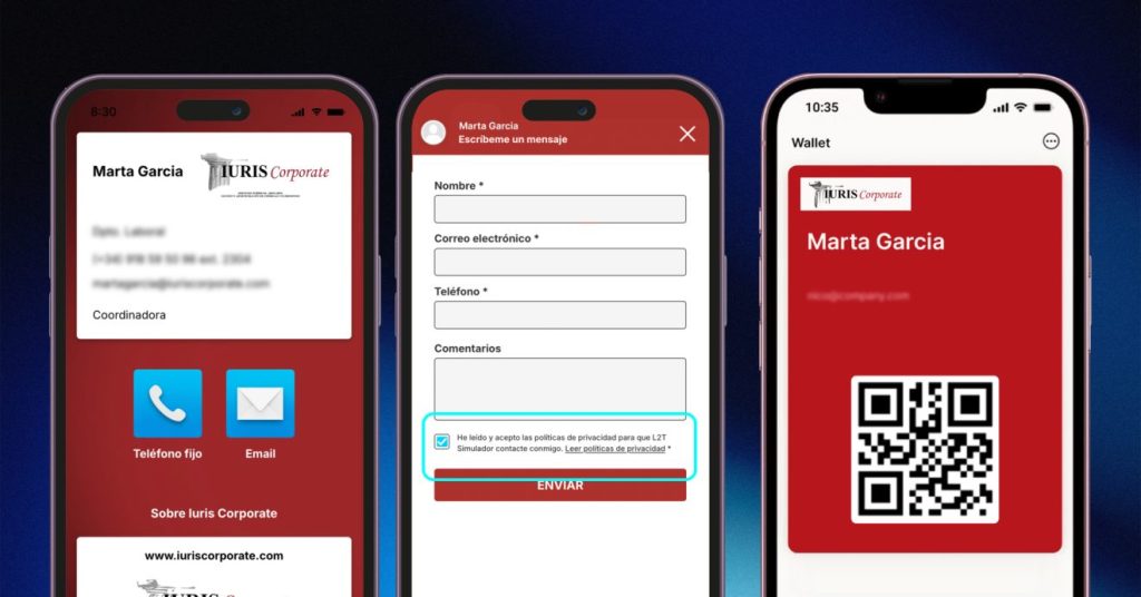 3 mockups em versão mobile dos cartões de visita digitais da Iuris Coporate: cartão digital, carteira e formulário com verificação da política de privacidade para recolha de dados de terceiros.