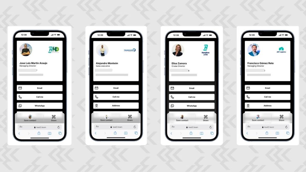 Mockup of four digital cards in mobile version. Each card corresponds to a different person, with his/her photo, company logo and contact information.
