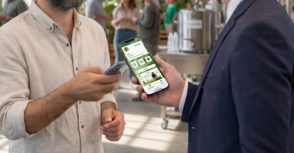 Interação de duas pessoas, uma delas partilhando um cartão digital