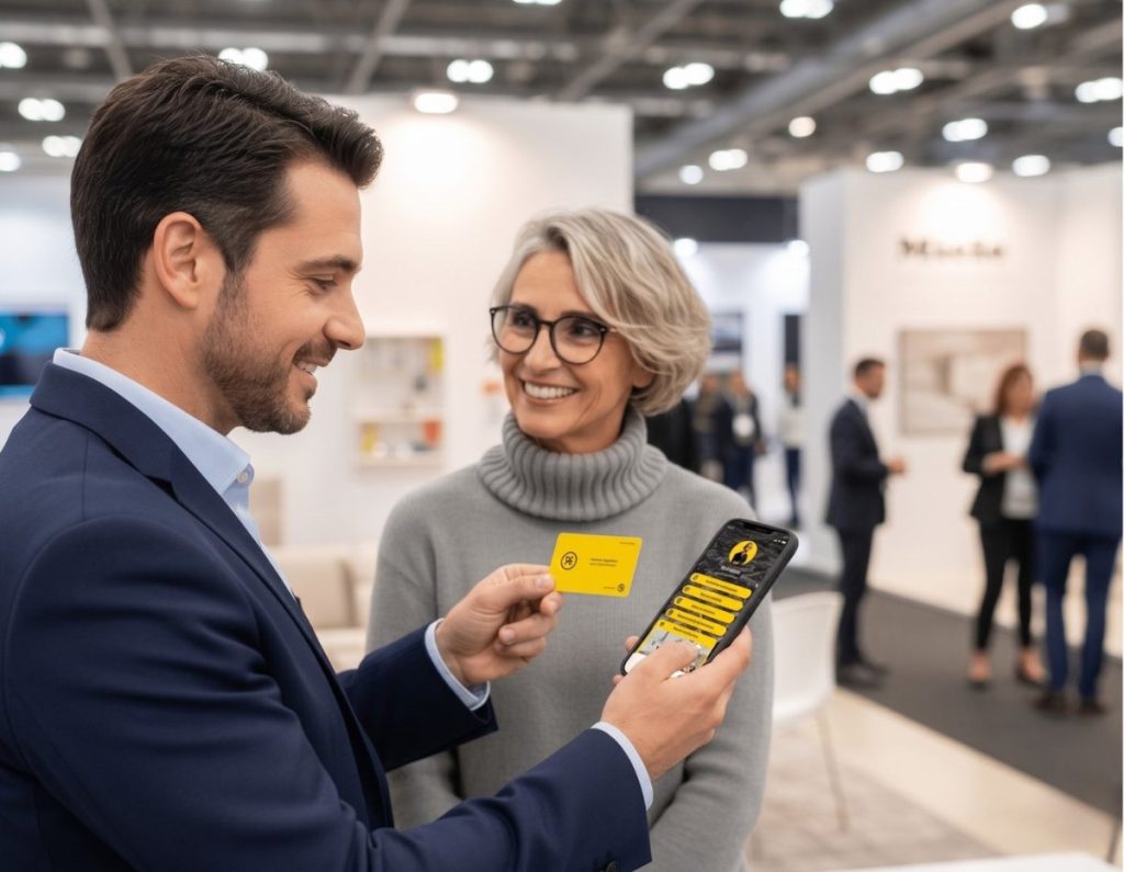 Um homem e uma mulher trabalham em rede numa feira comercial. Têm na mão um telemóvel com um cartão de contacto digital.