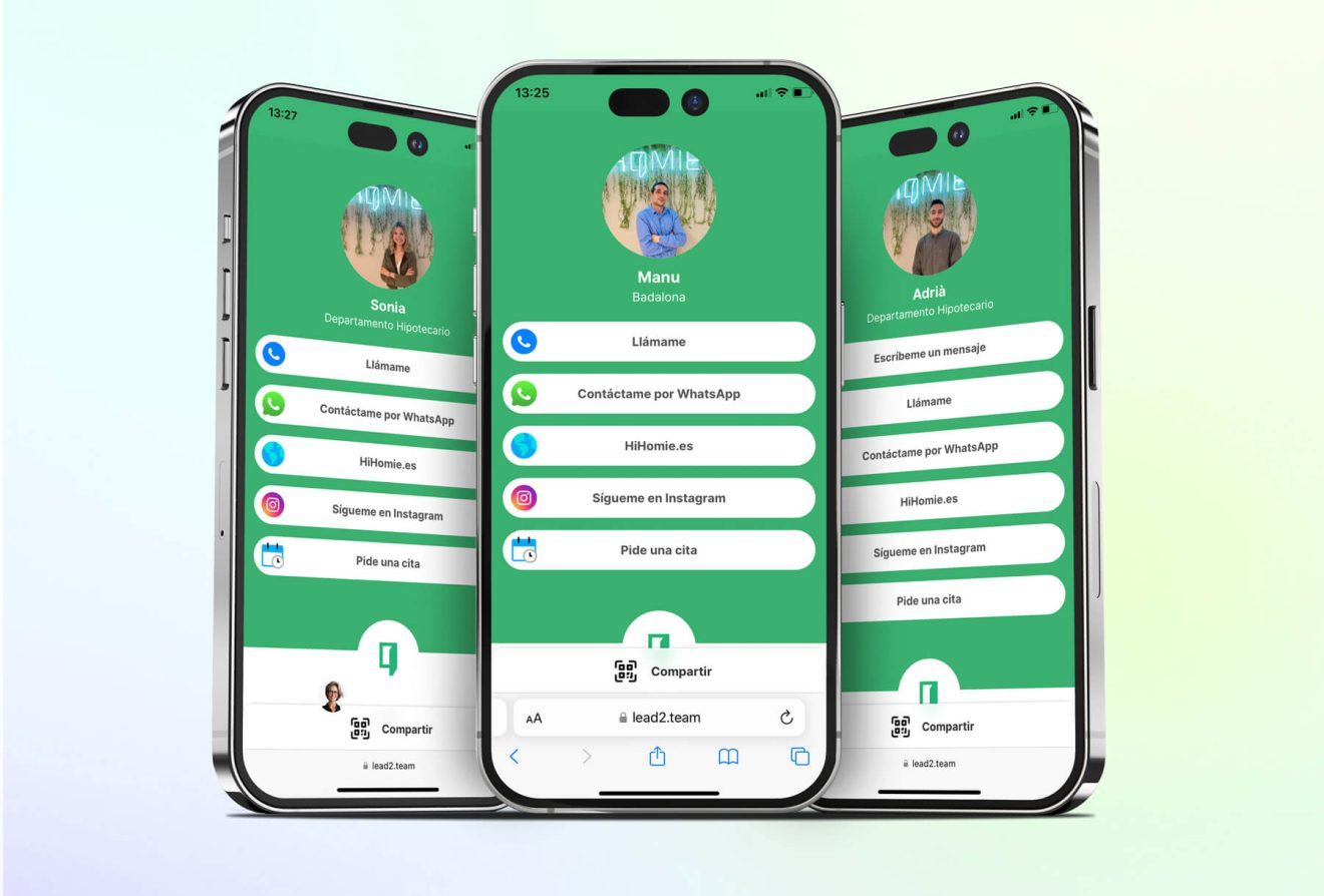 Três telemóveis com o cartão de agente digital HiHomie.