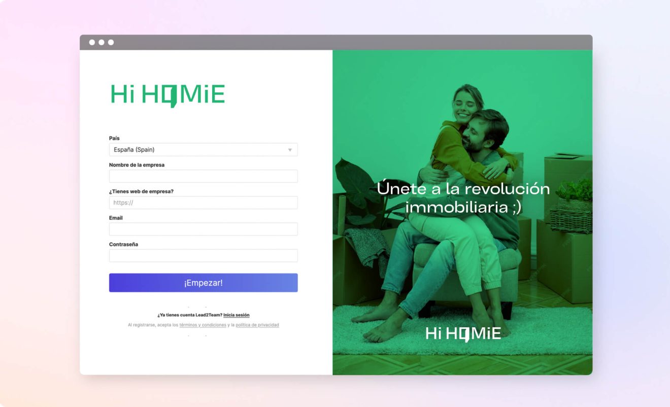Sítio Web Lead2Team para registar novos agentes e/ou franchisados Hi Homie.