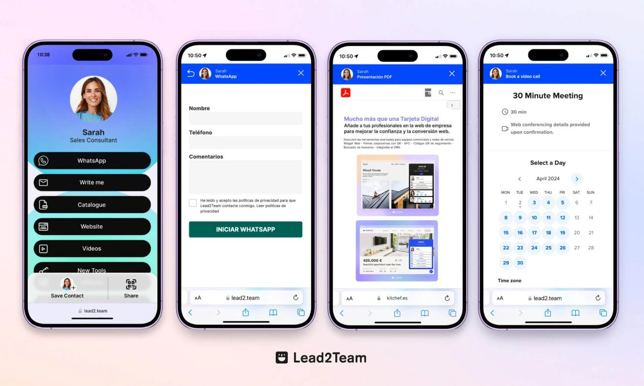 Sample digital card and three open connectors: WhatsApp connector, PDF presentation and Calendly.