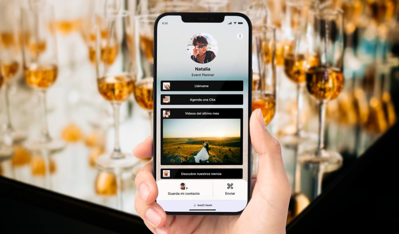 Ejemplo de una tarjeta de visita digital del sector de eventos, bodas y viajes.
