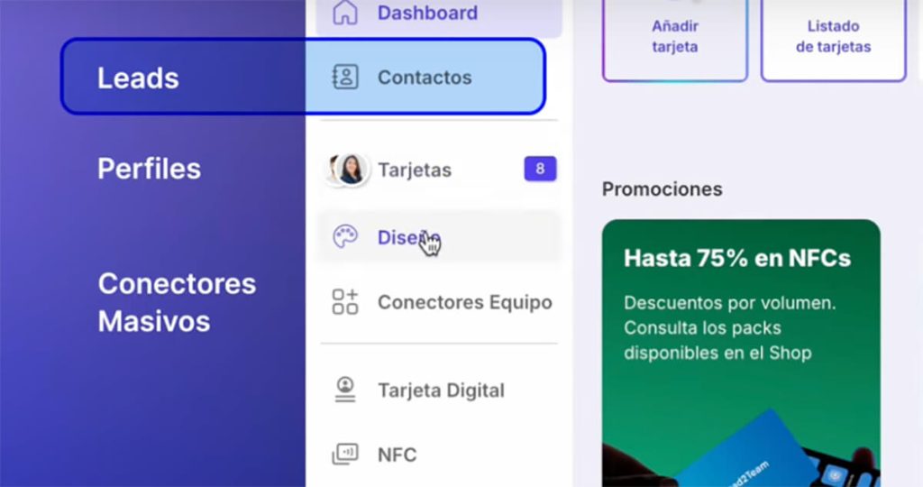 Nova nomenclatura do menu: Leads é agora Contactos, Profile é Cartões e Mass Connectors é Team Connectors.