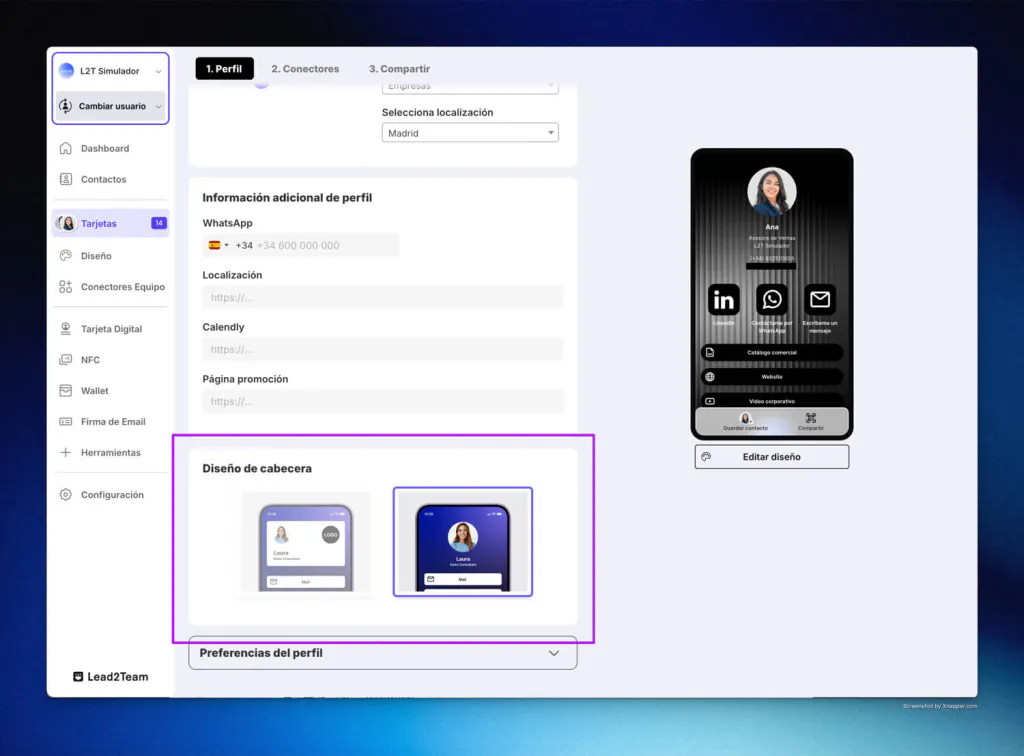 Screenshot of the Lead2Team platform with the header selector.
